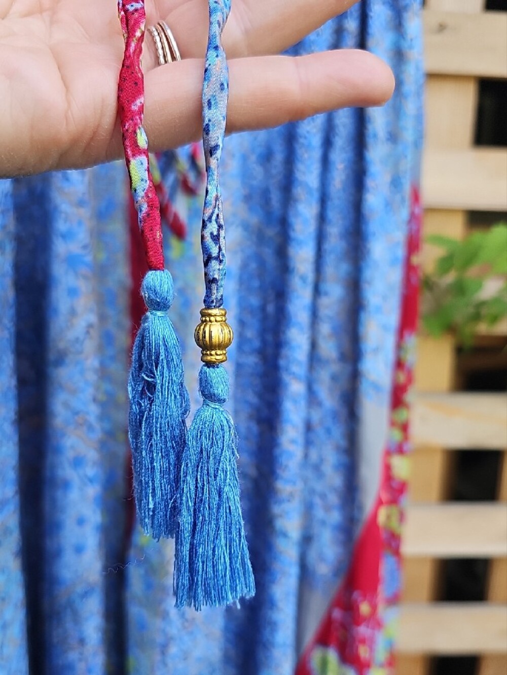 Bohemian Blue Floral SILK Maxi Dress with Red Accent - Picture 6 of 13